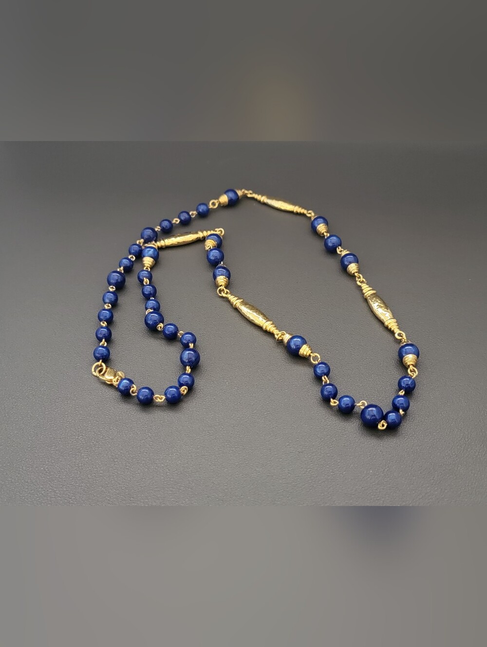 Vintage Monet Blue Bead Necklace | Gold Tone Station Necklace | Cobalt Blue
